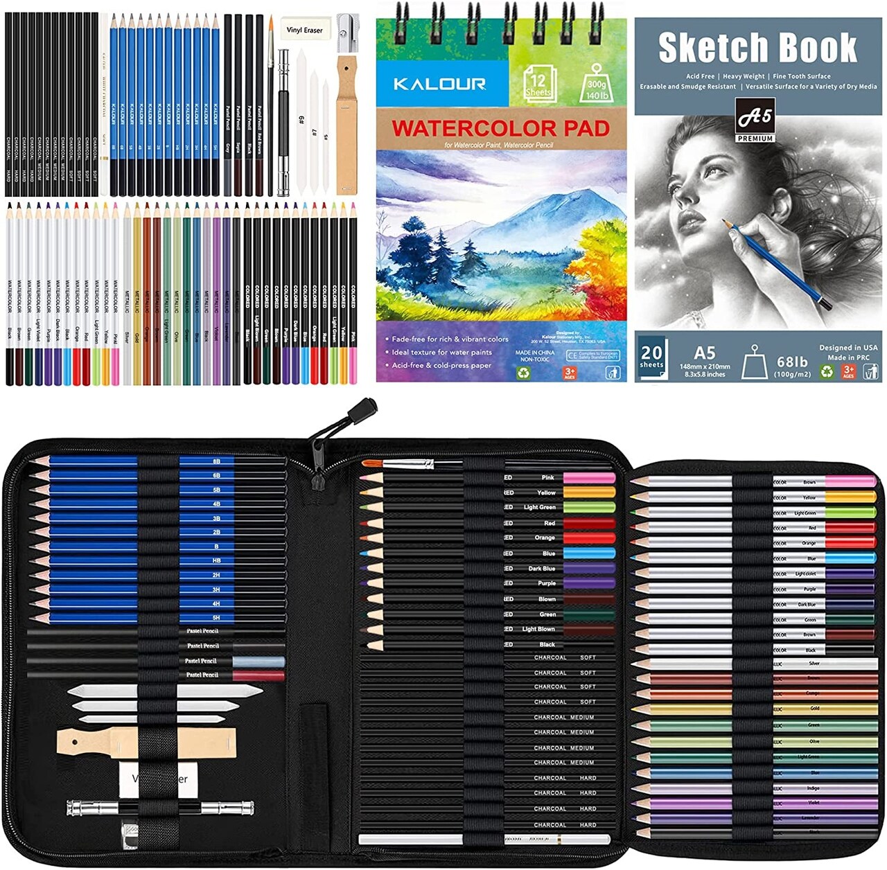 KALOUR 76 Drawing Sketching Kit Set - Pro Art Supplies with